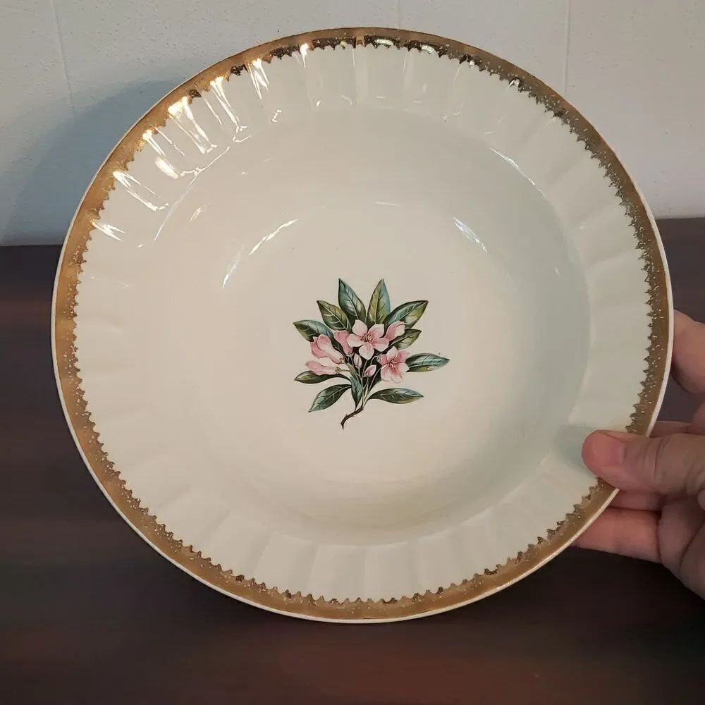 Lovely Vintage Floral Serving Bowl Dish with Fluted Gold Etched Rim